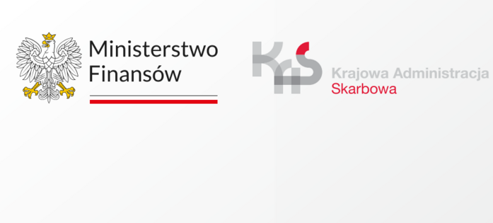 Logo Ministerstwa Finansów Polski z orłem w koronie na lewo i napisem, oraz logo Krajowej Administracji Skarbowej z symbolem i napisem po prawej.