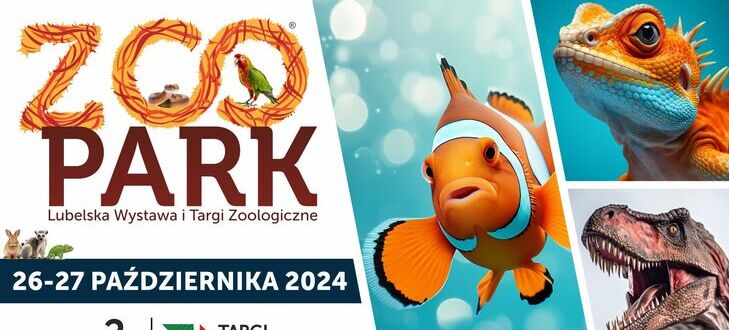 Plakat targów zoologicznych "ZOO-PARK" z kolorowymi grafikami zwierząt: papugi, jaszczurki, rybki i dinozaura, z datą "26-27 października 2024" i niebieską grafiką w tle.