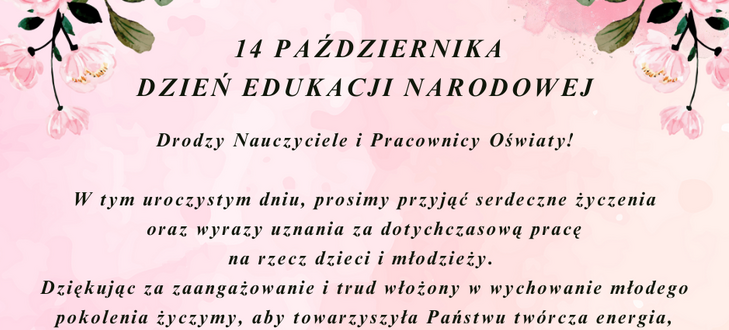 Zdjęcie przedstawia grafikę z życzeniami na Dzień Edukacji Narodowej z kwiatową ramką i datą "14 października" na górze, zawierającą różowy tekst na białym tle.