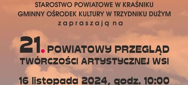 Plakat wydarzenia kulturalnego z ilustracją tańczącej kobiety w tradycyjnym, kolorowym stroju ludowym, otoczonej przez motyle. Zawiera tekst informacyjny i herby.