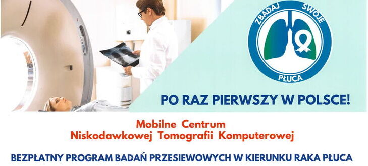 Plakat informacyjny o bezpłatnych badaniach przesiewowych w kierunku raka płuca, z mapą Polski, szczegółowymi informacjami kontaktowymi oraz logo sponsora i partnerów.