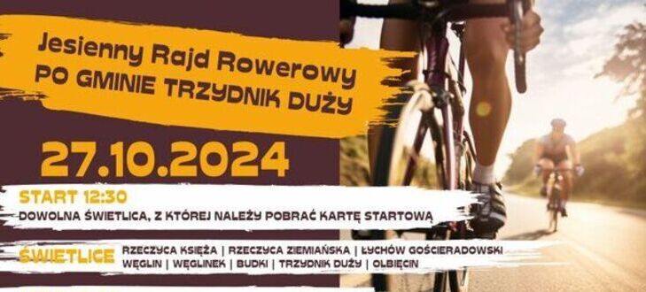 Jesienny Rajd Rowerowy, start 27.10.2024, Grupa rowerzystów na trasie, detale wydarzenia i sponsorzy na plakacie w odcieniach żółci i pomarańczy.