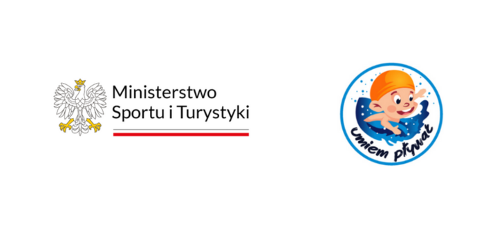 Logo Ministerstwa Sportu i Turystyki z polskim orłem oraz logo akcji "Umiem Pływać" z postacią dziecka w wodzie.