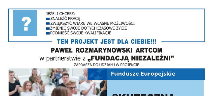 Opis alternatywny: Plakat informacyjny z tekstem i grafiką dotyczący projektu "Zwiększ swoje wydatki dzięki energii" oraz zaproszeniem do udziału w projektach wspieranych przez Fundusz Europejski. Zawiera elementy graficzne, zdjęcia uśmiechniętych ludzi pracujących na laptopach oraz logotypy partnerów.