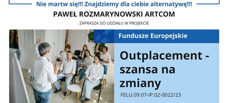 Zdjęcie przedstawiające plakat informacyjny o rekrutacji do projektu Fundusze Europejskie, z wizerunkami ludzi noszących białe fartuchy rozmawiających w jasnym pomieszczeniu, oraz grafikami i tekstem.