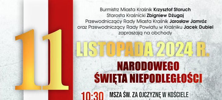 Plakat informacyjny z okazji obchodów Święta Narodowego Trzeciego Maja w Krasniku, przedstawiający harmonogram wydarzeń z godzinami, wyróżnioną datą "11 maja" i ilustracją postaci historycznej.