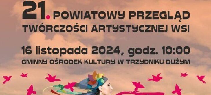 Taneczny występ w ludowym stroju z motylami na tle zachodzącego słońca z informacją o przeglądzie twórczości artystycznej wsi.