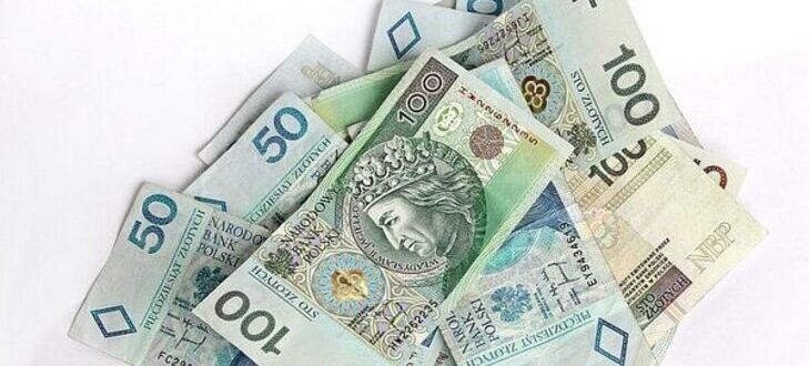 Polskie banknoty o nominałach 10, 20, 50 i 100 złotych są rozłożone na białym tle.