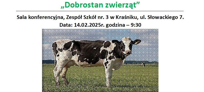 Plakat reklamujący szkolenie na temat ograniczania stosowania antybiotyków w produkcji zwierzęcej. Widoczna niemal cała krowa, a poniżej szczegóły wydarzenia z datą i miejscem oraz informacją o zapisach.