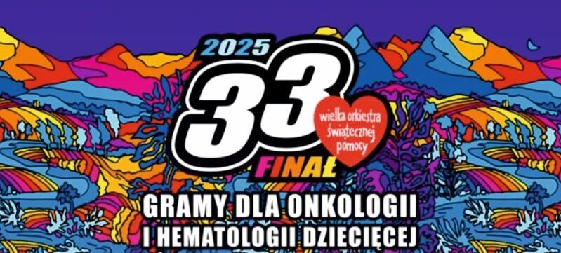 Plakat WOŚP 2025 zachęca do przekazania przedmiotów na licytację. Hasło: "Gramy dla onkologii i hematologii dziecięcej". Termin: do 20 stycznia 2025, Trzydnik Duży. Kolorowa grafika w tle nawiązuje do gór.