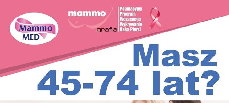 Plakat promujący bezpłatne badania mammograficzne dla kobiet w wieku 45-74 lat. Widoczne uśmiechnięte kobiety. Szczegóły dotyczące rejestracji i miejsce: Trzydnik Duży 59A, data: 25 lutego 2025 r.