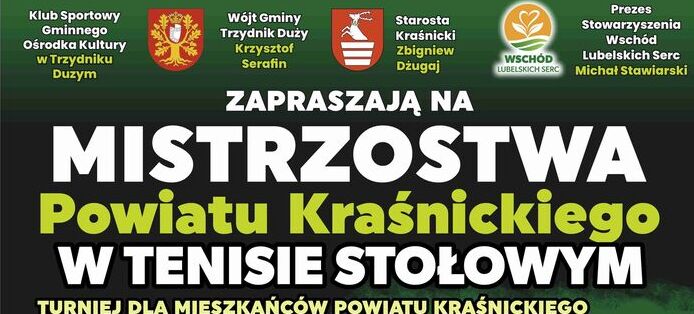 Niebieskie tło z bliska pokazujące siatkę stołu do tenisa. Na środku tekst: "MISTRZOSTWA POWIATU KRAŚNICKIEGO W TENISIE STOŁOWYM".