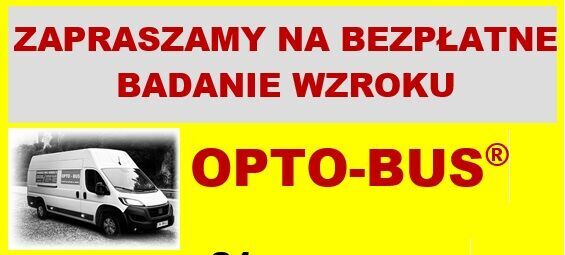 Plakat informujący o darmowym badaniu wzroku w Trzydniku Dużym. Jest data 21 marca 2025, czas 13:00-14:00. Wydarzenie przy Urzędzie Gminy. Wymienione oferowane badania i dane kontaktowe. Zdjęcie busa.