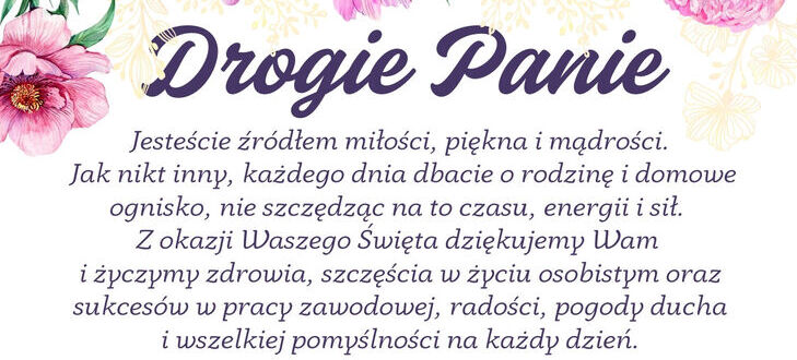 Czarne napisy z życzeniami dla kobiet na białym tle, otoczonym motywem kwiatowym w odcieniach różu, fioletu i zieleni. Na dole podpisy trzech mężczyzn i ich stanowiska.