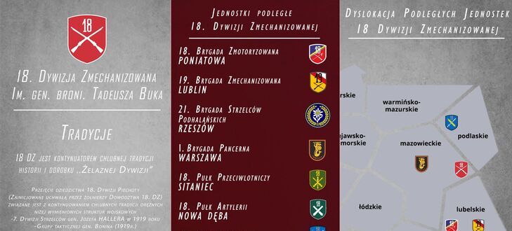 Plakat informacyjny 18. Dywizji Zmechanizowanej. Zawiera symbole jednostek, mapę z zaznaczoną lokalizacją oraz krótki opis tradycji i zadań. Po lewej stronie widać czołg i logo dywizji na czerwonym tle.