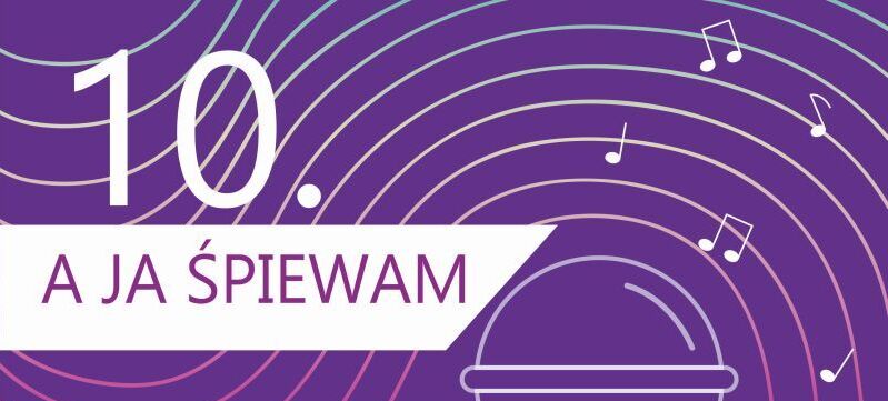 Plakat konkursu piosenki "A Ja Śpiewam". Na fioletowym tle biały mikrofon otoczony nutami. Wydarzenie odbędzie się 27/05/2025 o 9:00 w GOK Trzydnik Duży. Zgłoszenia do 15/05/2025.
