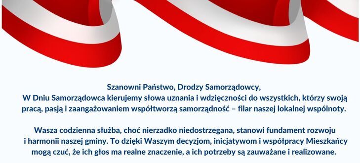 Na zdjęciu znajduje się tekst z gratulacjami i podziękowaniami dla pracowników samorządu z okazji Dnia Samorządowca. Grafika zawiera biało-czerwone elementy oraz podpisy trzech osób z urzędu gminy Trzydnik Duży.