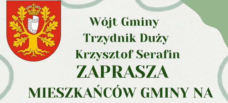 Plakat zapraszający na spotkanie informacyjne dotyczące dotacji na przydomowe oczyszczalnie ścieków. Wydarzenie odbędzie się 3 czerwca 2025 roku o 17:00 w Gminnym Ośrodku Kultury w Trzydniku Dużym.