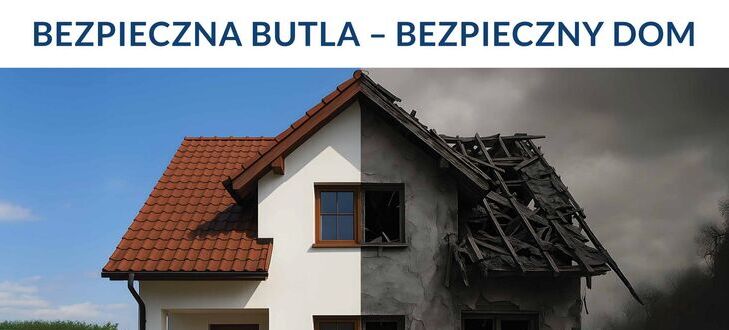 Po lewej stronie dom w jasnych kolorach, a po prawej zniszczony, zadymiony budynek. Tekst na górze: "BEZPIECZNA BUTLA - BEZPIECZNY DOM". Na dole informacje o bezpieczeństwie użytkowania butli LPG.
