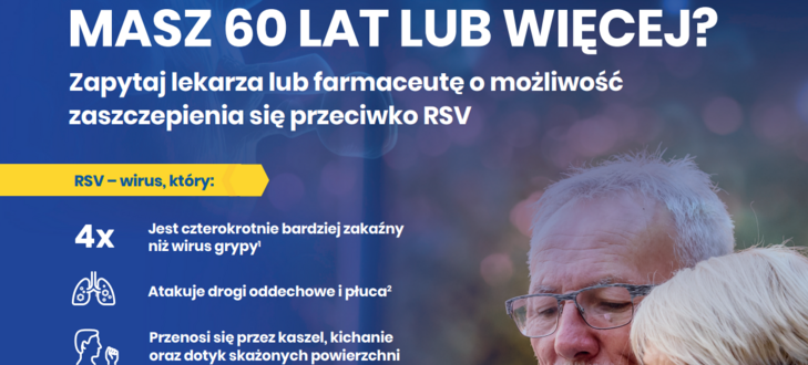 Starsza para na grafice związanej z informacją o wirusie RSV. Tekst podkreśla znaczenie szczepienia dla osób 60+, opisując wirusa jako bardziej zakaźnego niż grypa i mogącego powodować problemy z płucami i sercem.