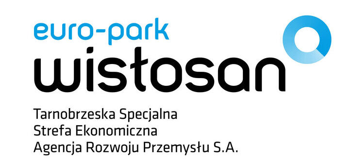 Logo z napisem "euro-park wisłosan" oraz nazwami "Tarnobrzeska Specjalna Strefa Ekonomiczna Agencja Rozwoju Przemysłu S.A." w kolorze czarnym i niebieskim. Po prawej stronie znajduje się niebieski, okrągły symbol.
