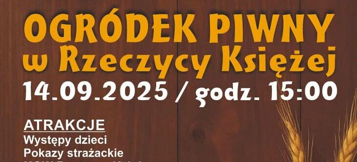 Plakat promujący Dożynki Wiejskie. Zawiera informacje o atrakcjach, takich jak występy dzieci, pokazy strażackie, koncerty, gastronomię oraz akcji charytatywnej z loterią. Wzbogacony grafiką słoneczników. Wstęp wolny.