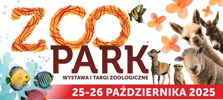Plakat promujący wydarzenie "Zoo Park" w Lublinie, odbywające się 25-26 października 2025. Grafika przedstawia kolorowe napisy, lemury, papugę i alpaki, z informacją o lokalizacji i sprzedaży biletów.