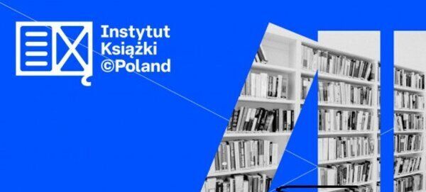 Niebieski plakat z logo Instytutu Książki. Widoczne półki z książkami oraz napis "Kraszewski. Komputery dla Bibliotek".