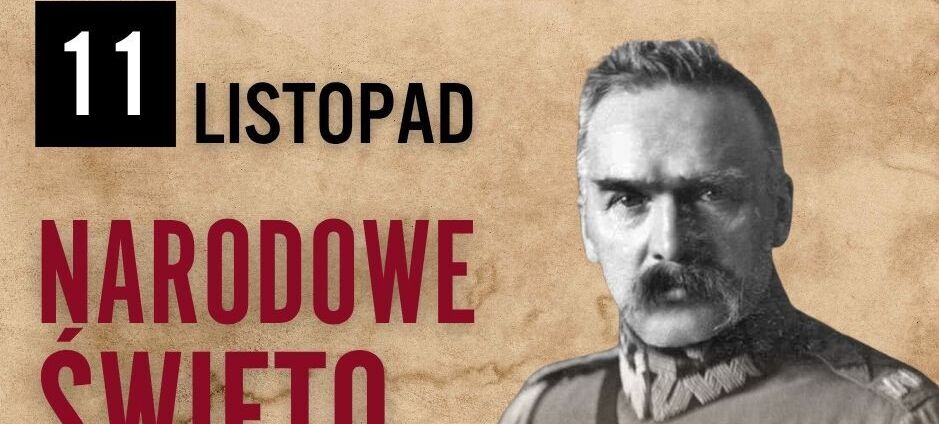 Portret mężczyzny w mundurze wojskowym, obok napis "11 listopad, Narodowe Święto Niepodległości". Tło w kolorach beżu, czerwieni i bieli symbolizujących polską flagę.