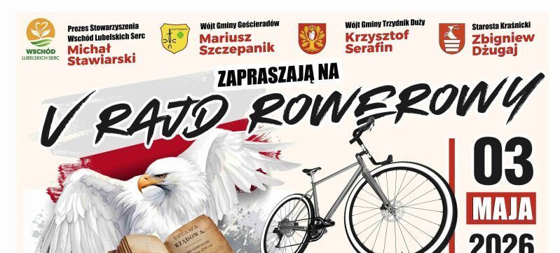 Plakat promujący V Rajd Rowerowy "Z Konstytucją na Rowerze" 3 maja 2026. Start w Szczecynie o 13:00, meta w Rzeczycy Księżej. Trasa 28 km. Informacje o zapisach, nagrodach i wydarzeniach towarzyszących.