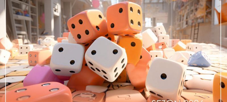 Pomieszczenie pełne rozrzuconych kości do gry, w tle regały. Na dole informacja o spotkaniach Klubu Gier Planszowych z terminem i kontaktem, na sezon 2026.