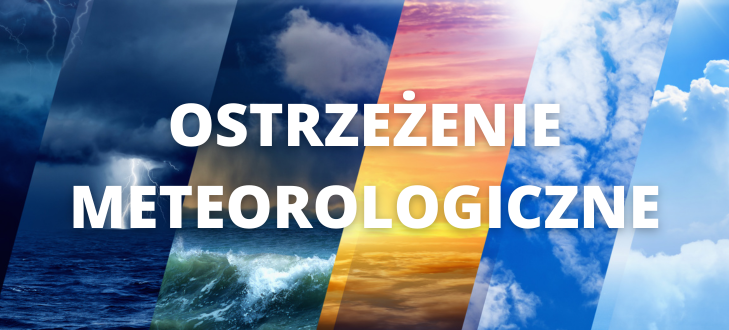 Na zdjęciu różne stany pogody: burza, morze, chmury, zachód słońca i niebo. W środku biały napis "Ostrzeżenie meteorologiczne".