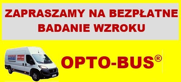 Plakat informujący o bezpłatnym badaniu wzroku organizowanym przez OPTO-BUS 22 maja 2026 r. w Trzydniku Dużym, na parkingu przy Urzędzie Gminy, w godz. 13:30-14:30. Zapisy pod numerem telefonu.