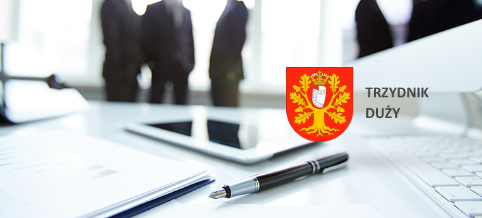 Zdjęcie biura z zamazanymi sylwetkami osób w tle, laptopem, dokumentami i długopisem na biurku na pierwszym planie, oraz herbem miasta Trzydnik Duży w prawym górnym rogu.