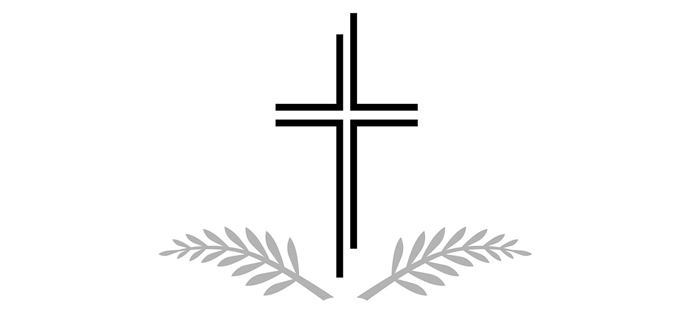 Czarny krzyż z dwoma poziomymi liniami na białym tle. Pod krzyżem znajdują się dwie szare gałązki oliwne skierowane na zewnątrz, tworząc symetryczną kompozycję.