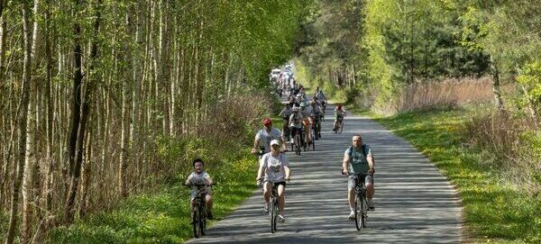 Grupa rowerzystów jedzie wzdłuż asfaltowej ścieżki otoczonej zielonymi drzewami. Ich twarze skierowane są do przodu, a pogoda jest słoneczna. Niektóre osoby są w koszulkach z krótkim rękawem.