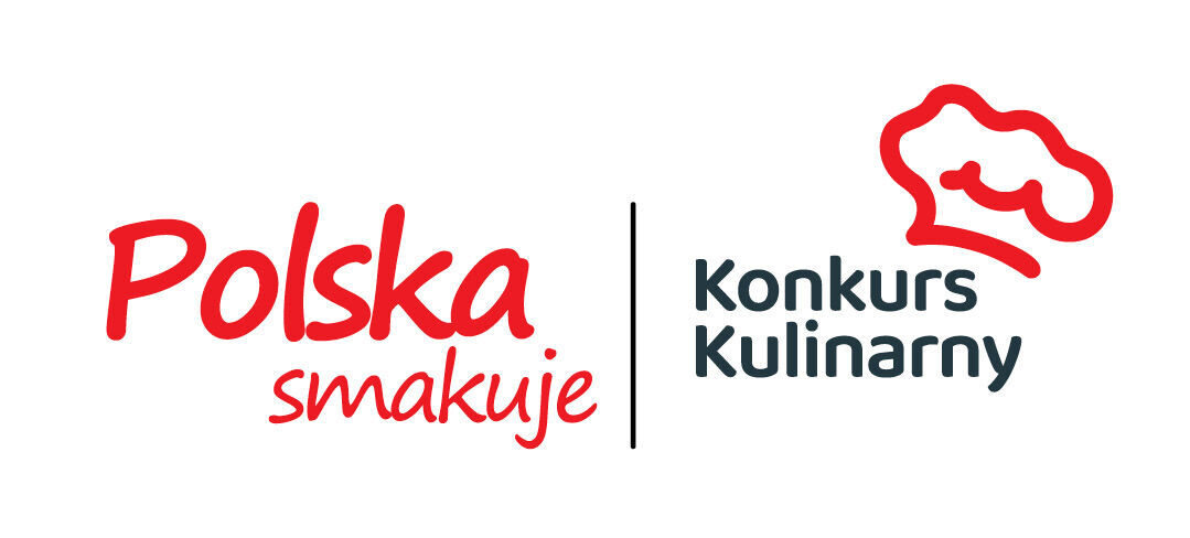 Plakat promujący konkurs kulinarny "Polska smakuje". Po lewej grafika z czerwonym kwiatem i zielonymi liśćmi. Po prawej symbole Ministerstwa Rolnictwa i Krajowego Ośrodka Wsparcia Rolnictwa.