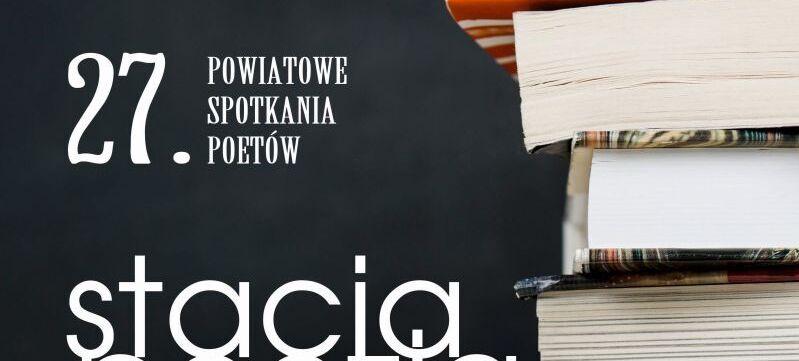 Plakat wydarzenia "Stacja Poezja" z datą 27/05/2026. Odbywa się w Gminnym Ośrodku Kultury Trzydnik Duży. Zawiera informacje o prezentacji autorskiej o 16:30 i koncercie Alicji Mozgawy o 17:30. W tle stos książek.