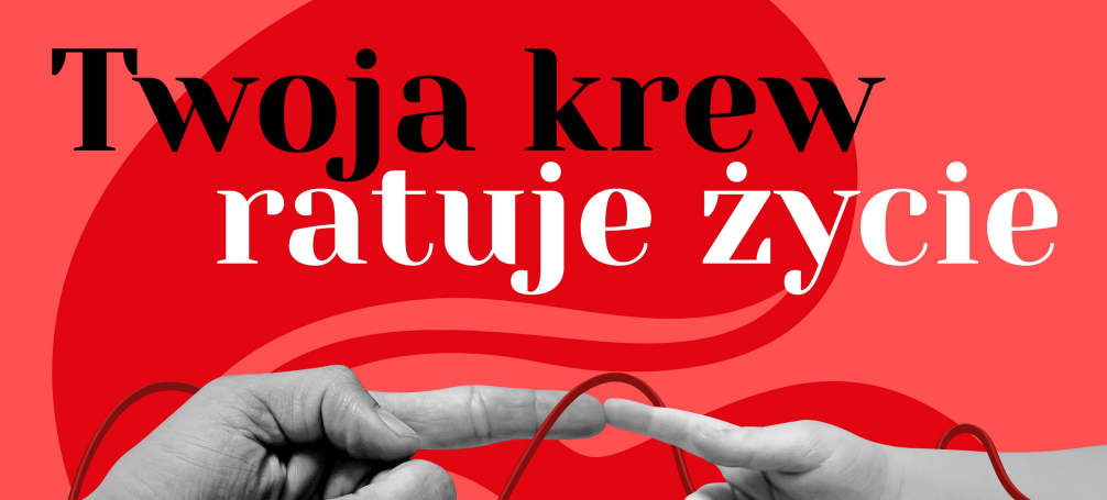 Plakat promujący honorowe krwiodawstwo. Czerwone tło, dłonie sięgające do siebie w centrum. Tekst informuje o dacie i miejscu wydarzenia: 13 września 2026, Kraśnik. Zachęca do udziału i zawiera detale kontaktowe.