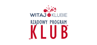 Logo rządowego programu "KLUB" z napisem "Witaj w klubie" w kolorze czerwonym, udekorowane grafiką piłki i piórek badmintona.