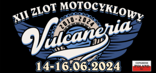 Plakat wydarzenia motocyklowego z grafikami i tekstami: informacje o rajdzie, koncertach i konkursach, daty, lokalizacja i kontakt. Loga sponsorów na dole.