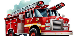 Rysunek przedstawia kreskówkowy czerwony wóz strażacki z drabiną na górze i emblematem oznaczającym służbę pożarniczą.