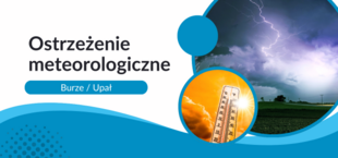 Grafika z ostrzeżeniem meteorologicznym, połowa z błyskawicami w tle nocy, druga połowa z termometrem wskazującym wysoką temperaturę na tle dnia.