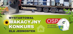 Baner zapowiadający konkurs wakacyjny dla jednostek, z grafiką hełmu strażackiego, słonecznika oraz symbolem recyklingu.