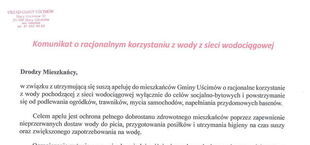 Zdjęcie przedstawia dokument z nagłówkiem "Komunikat o racjonalnym korzystaniu z wody z sieci wodociągowej" zawierający informacje i wytyczne na temat oszczędzania wody.