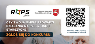 Baner informacyjny zachęcający do zgłaszania się do konkursu na działania na rzecz osób starszych, z logo organizacji, grafiką QR, i tekstem.