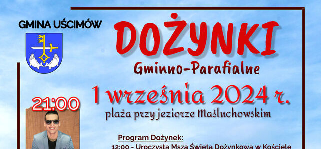 Plakat wydarzenia "Dożynki Gminy Uścimów" z herbatą gminy, informacjami o programie, datą 1 września oraz zdjęciami artystów i kolorową grafiką.