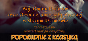 Plakat koncertu "Popołudnie z muzyką klasyczną", który odbędzie się 15 września 2024 roku. Zawiera grafikę osoby grającej na skrzypcach i informacje o wykonawcach oraz miejscu wydarzenia.