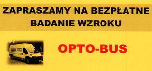 Plakat informacyjny o badaniach okulistycznych przez "OPTO-BUS" w dniu 17 października 2024 r. na parkingu Starego Ośrodka Zdrowia, z numerem kontaktowym i godzinami rejestracji.