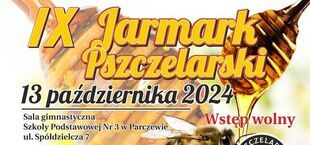 Plakat promujący "IX Jarmark Pszczelarski" w Białej Podlaskiej, 13 października 2024, z grafiką pszczół, miodu i informacjami o wydarzeniu oraz logotypami sponsorów.